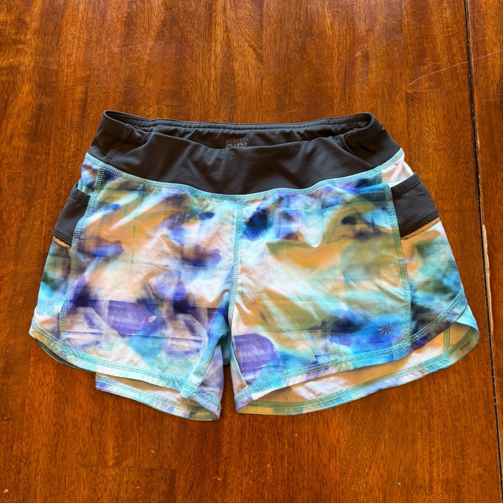 Athleta Girl Running Shorts Girls L 12 Blue Purple Watercolor Zip Pocket Gym